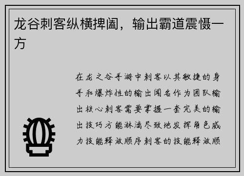 龙谷刺客纵横捭阖,输出霸道震慑一方
