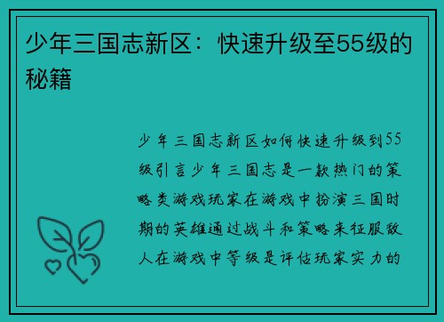 少年三国志新区:快速升级至55级的秘籍