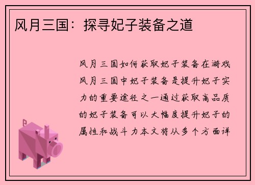 风月三国：探寻妃子装备之道